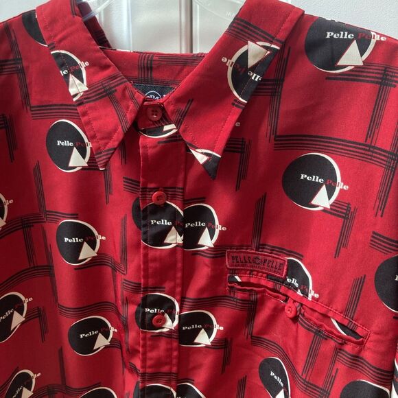 Pelle Pelle Button Up Shirt Graphic Print Long Sleeve Red Menswear - Picture 11 of 12